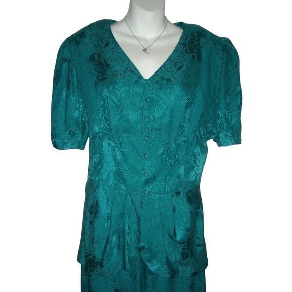 Vintage 80s Jonathan Martin Outfit Turquoise Silk Floral Skirt Suit Dynasty Plus - Picture 4 of 12